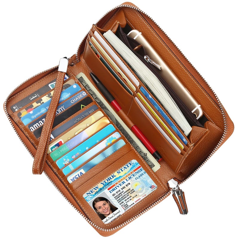 Lavemi Women's RFID Blocking 100% Leather Large Capacity Zip Around Wallet Phone Holder Clutch Travel Purse Wristlet(Large Size Pebble Brown) - Image 2